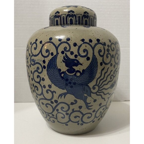 Other - Vintage Cobalt Blue Gray Porcelain Ginger Jar Lid Phoenix Pattern 8" High